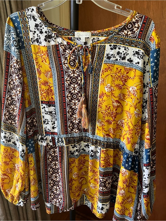 Chenault Tops - Chenault Yellow Multi-Print Boho Tie-Front Top